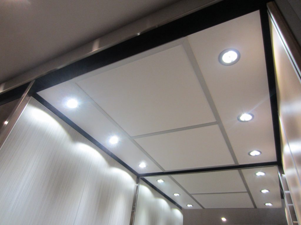 Electra Lift Interior, elevator ceiling, white laminate